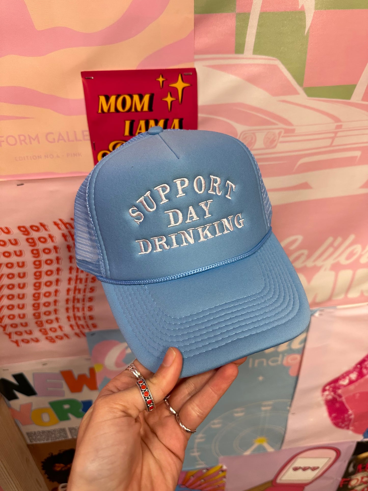 Support Day Drinking Trucker Hat: Blue/White