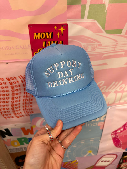 Support Day Drinking Trucker Hat: Blue/White