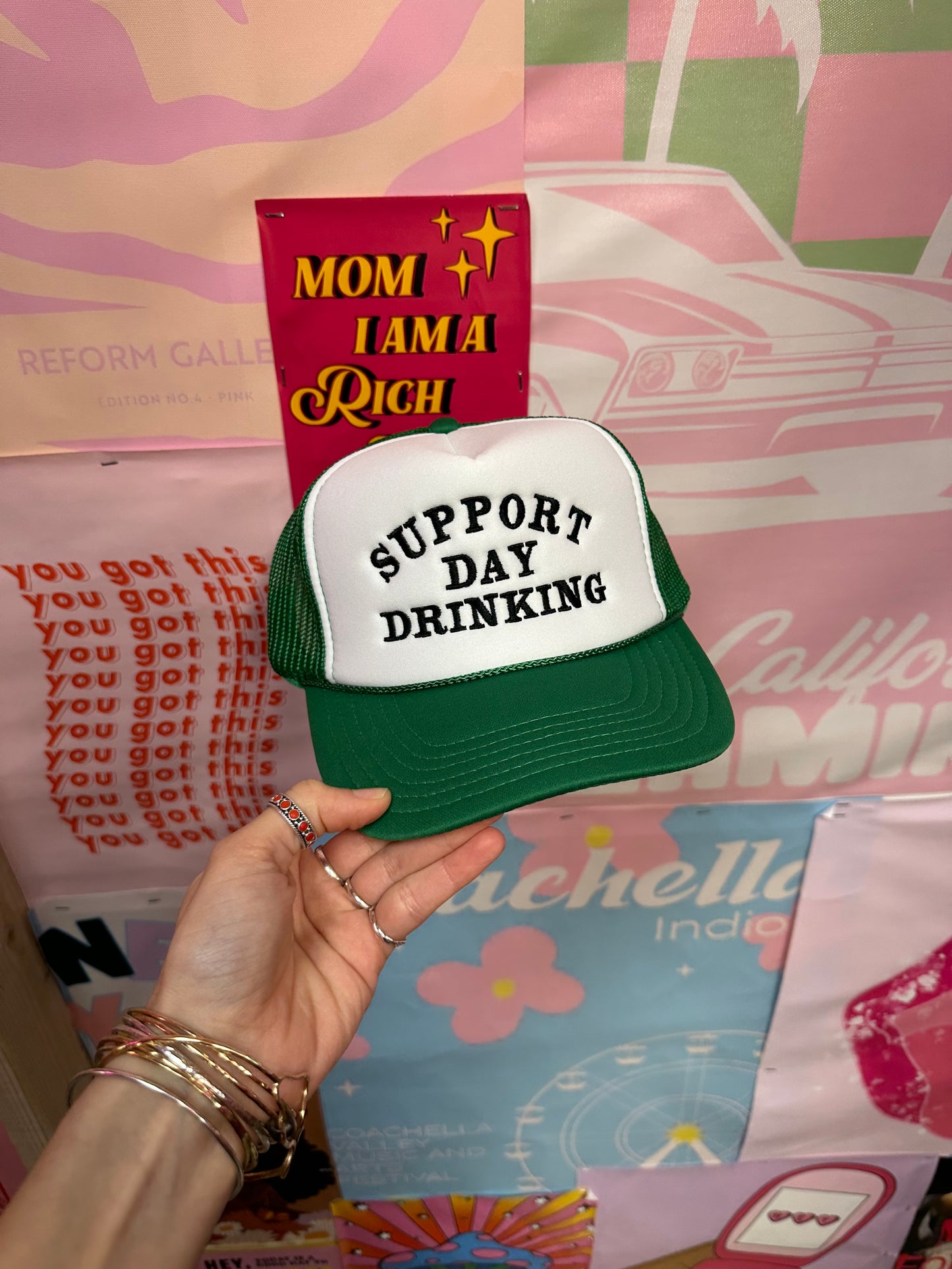 Support Day Drinking Trucker Hat: Green/Black