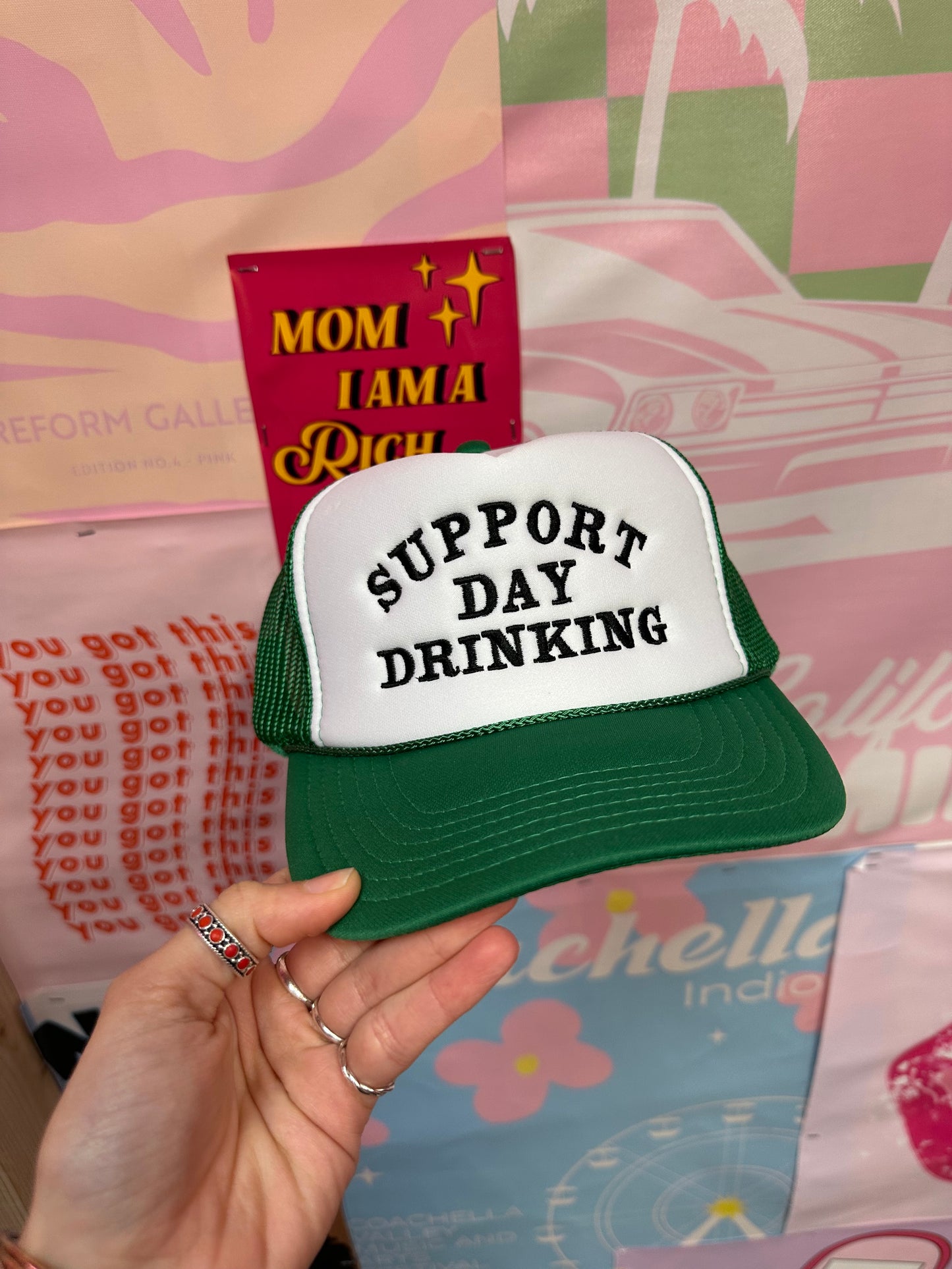 Support Day Drinking Trucker Hat: Green/Black