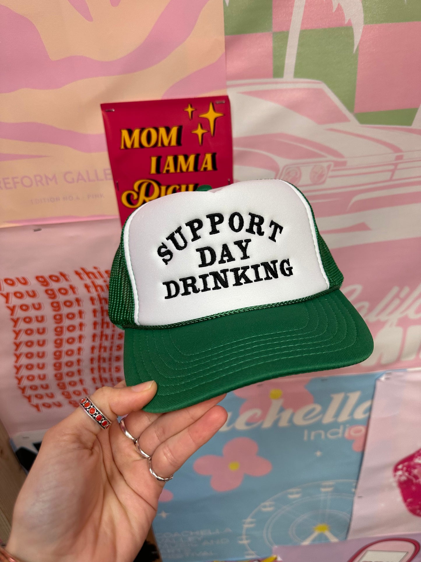 Support Day Drinking Trucker Hat: Green/Black