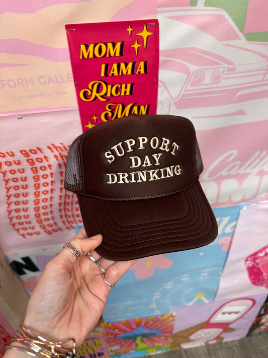 Support Day Drinking Trucker Hat: Brown/Tan