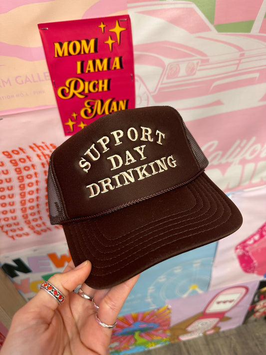 Support Day Drinking Trucker Hat: Brown/Tan