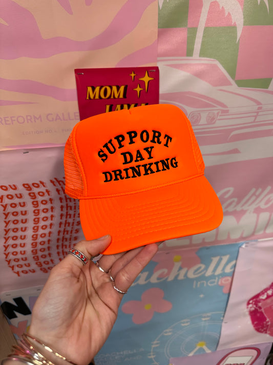 Support Day Drinking Trucker Hat: Orange/Black