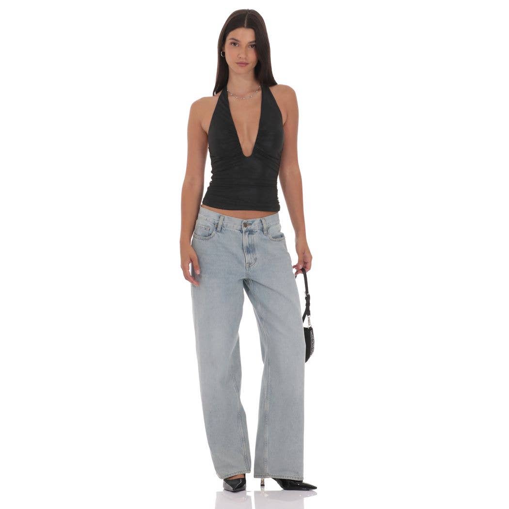 Metallic Plunge Neck Top in Black