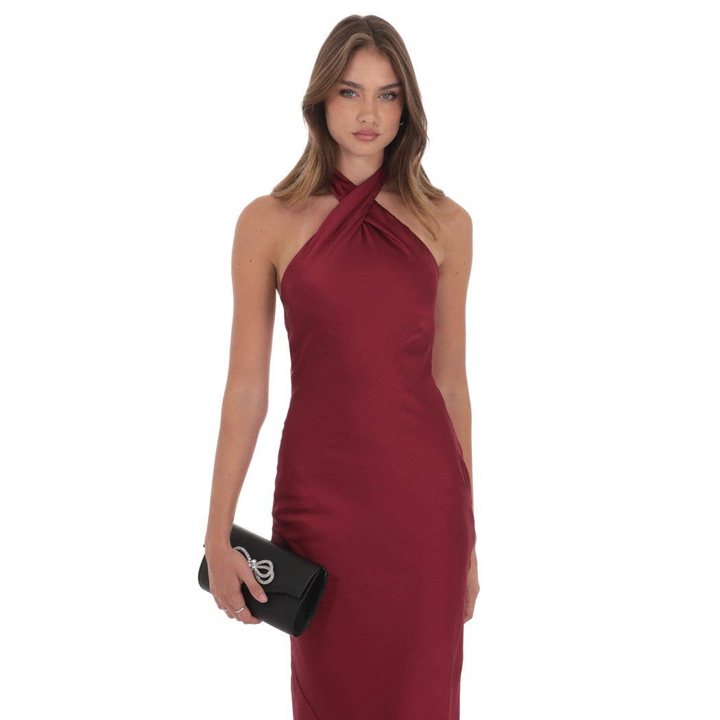Satin Cross Halter Maxi Dress in Wine