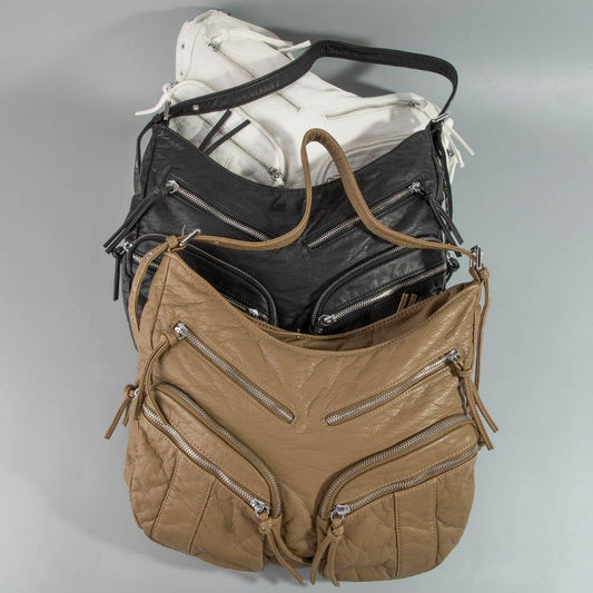 Multi Zipper Pocket Leather Hobo Bag