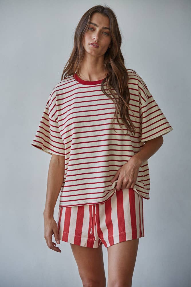 Cotton Striped Short Sleeve Crew Neck Top