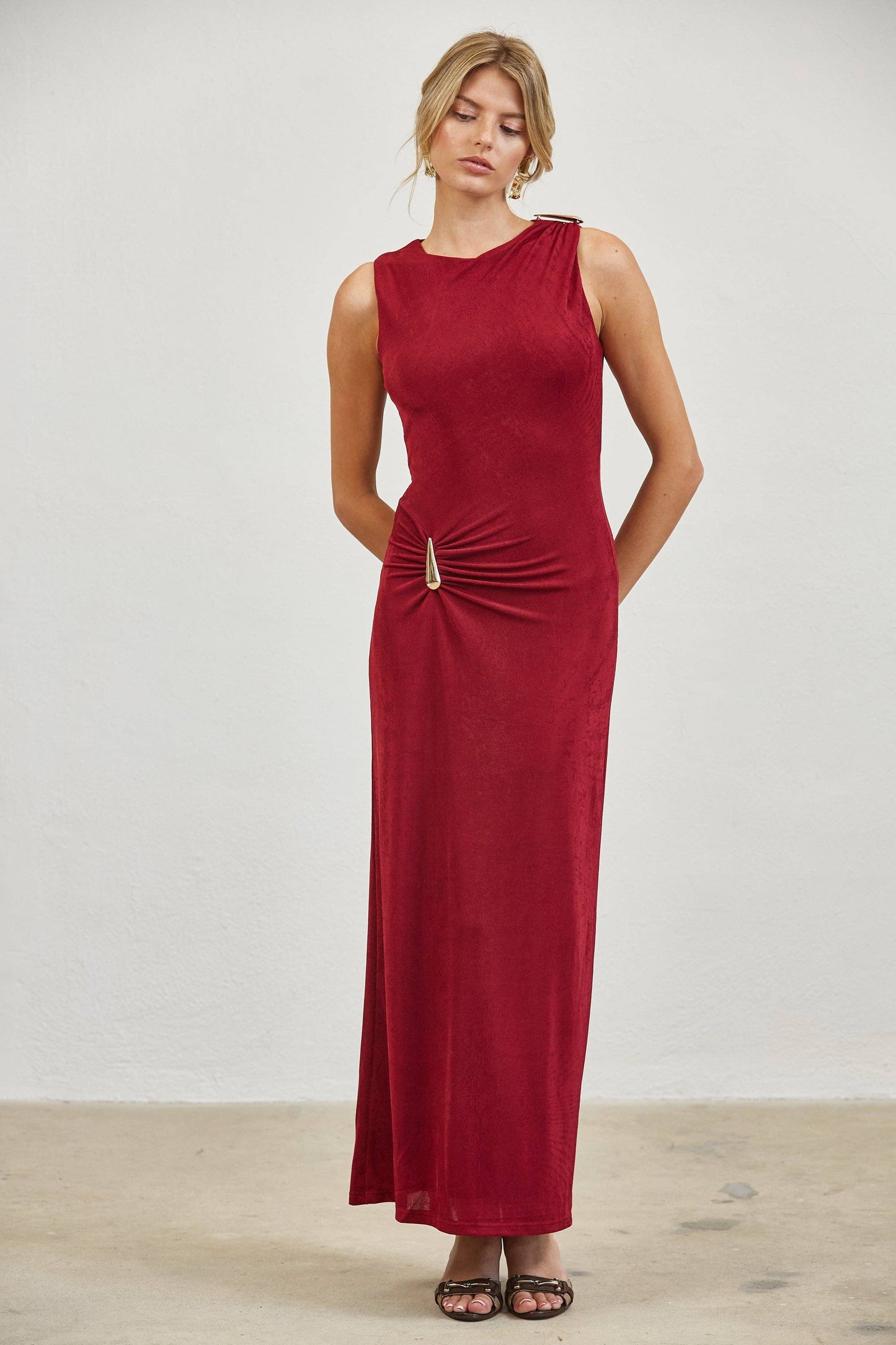 Gold Accent Ruched Slinky Maxi Dress