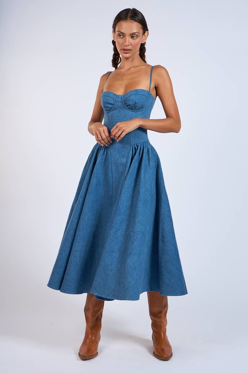 Denim Fit & Flare Midi Dress