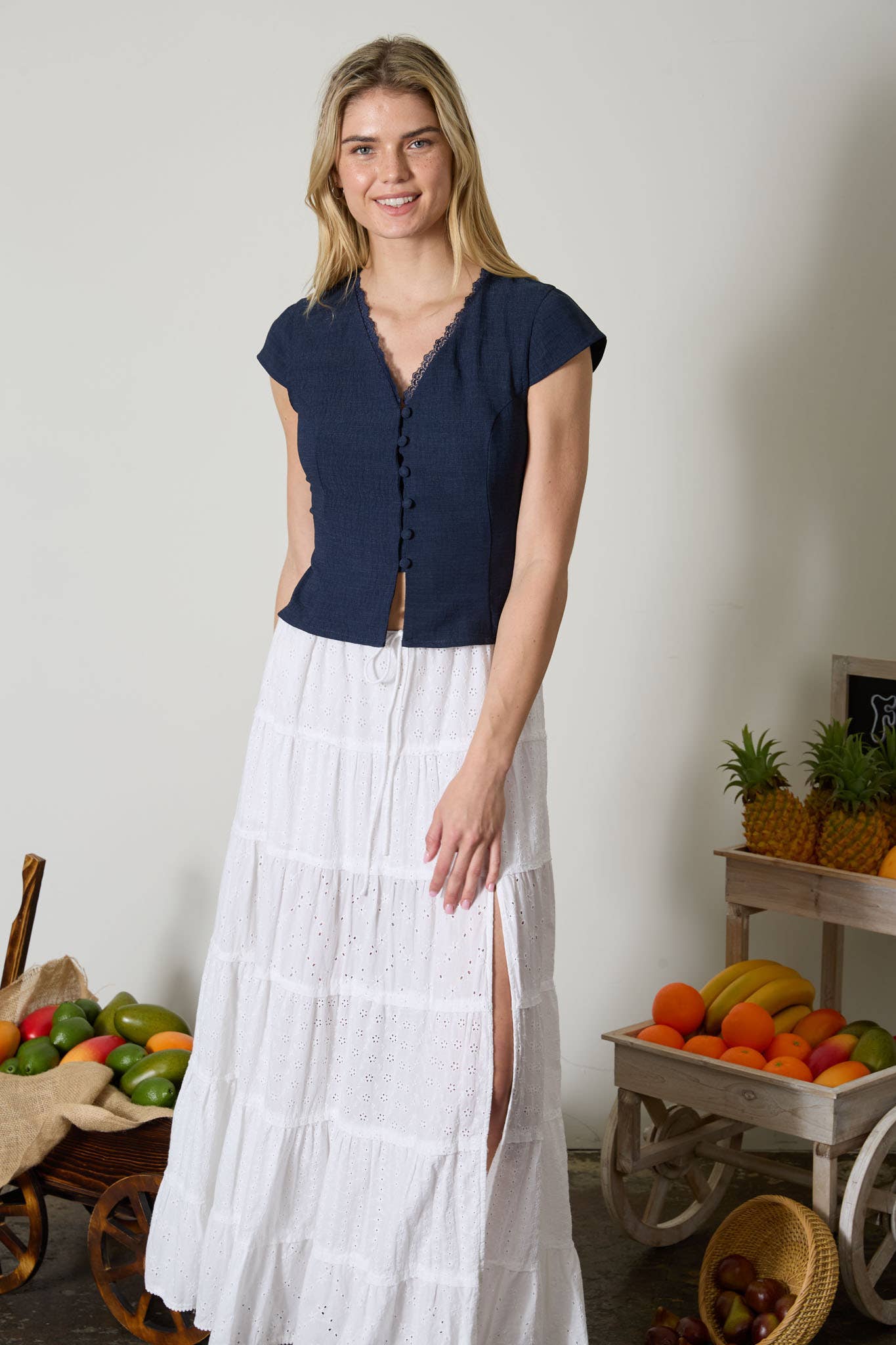 V NECK LACE TRIM BUTTON DOWN BLOUSE