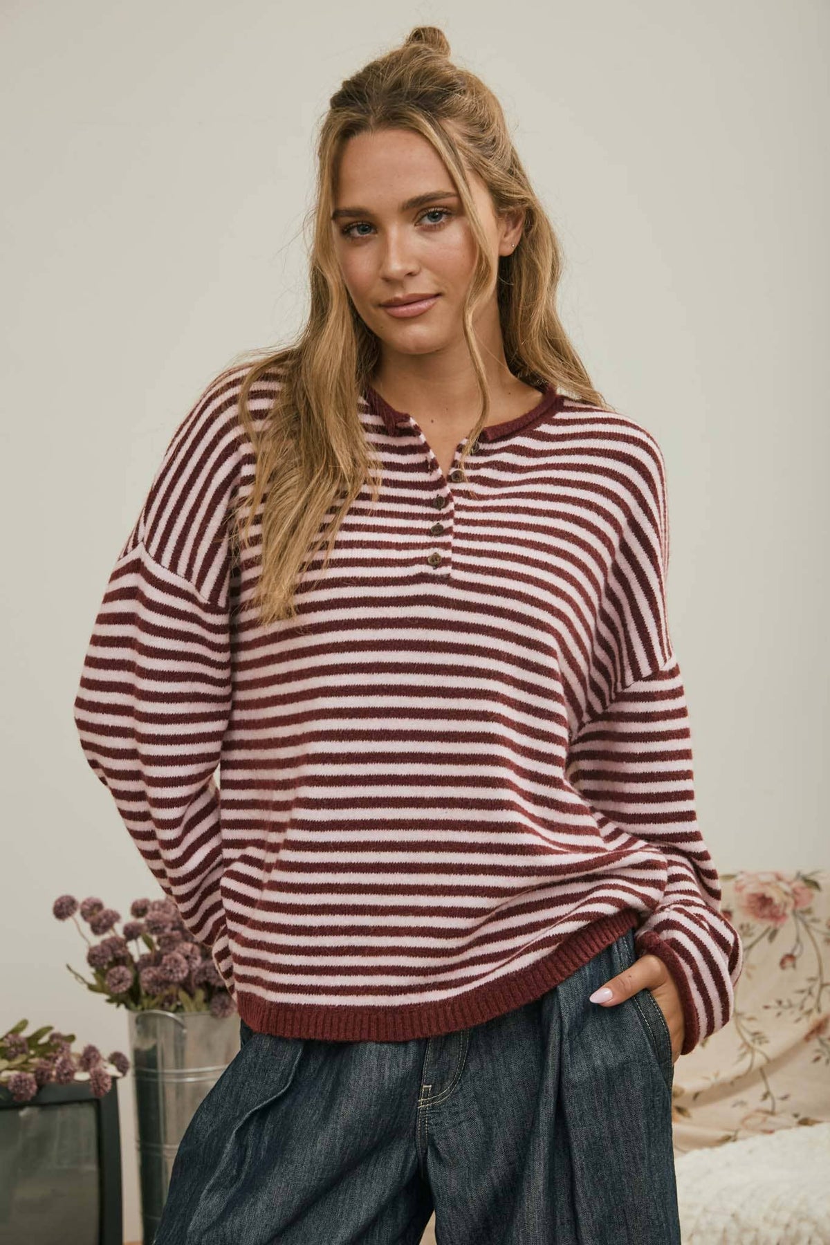 Henley Striped Sweater