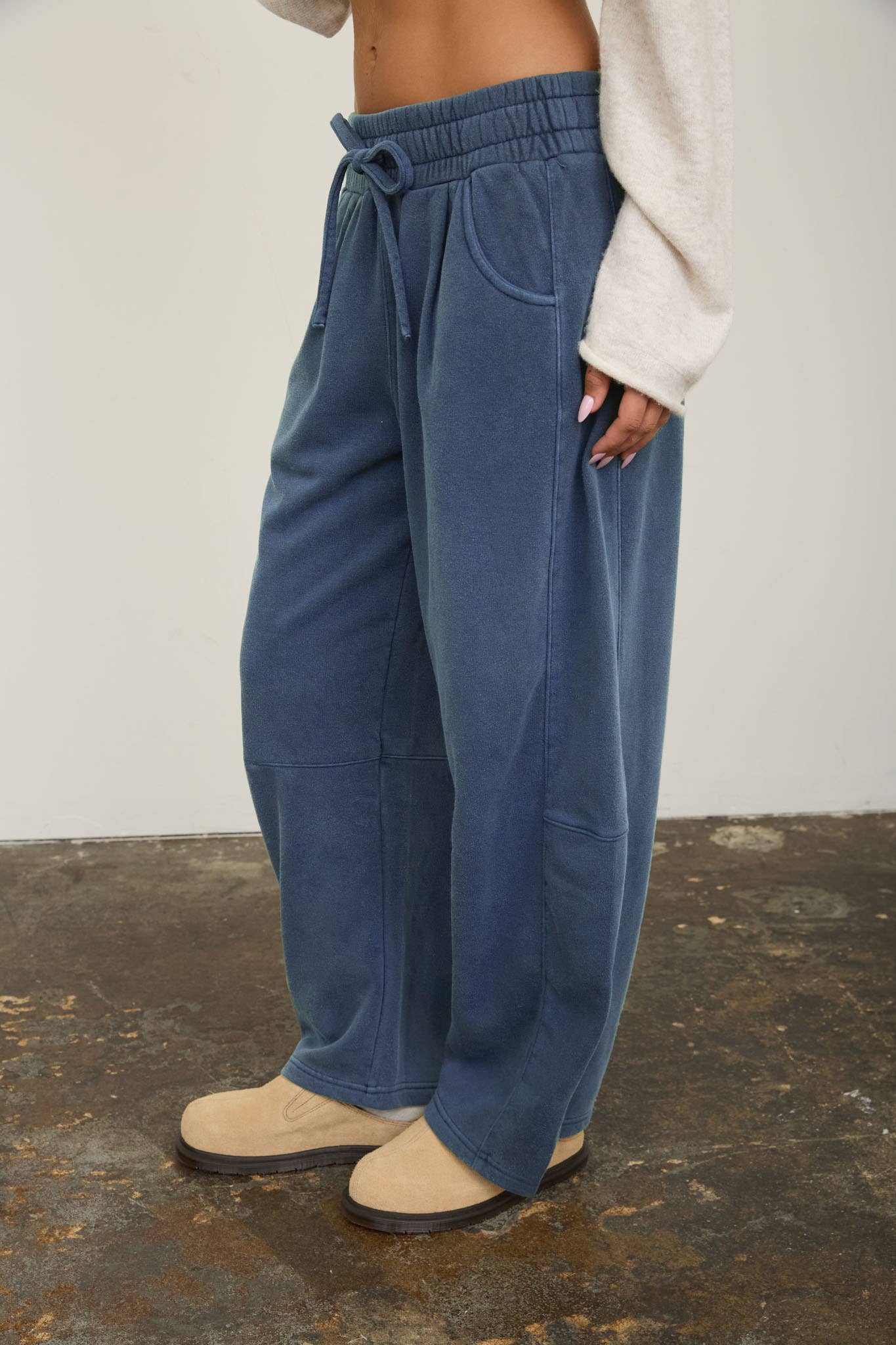 SMOCKED WAIST DRAWSTRING BARREL LEG SWEATPANTS