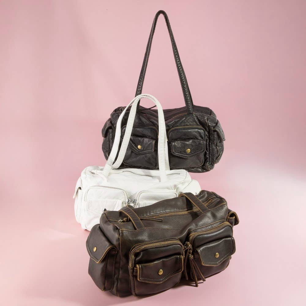 Multi Pocket Textured Leather Shoulder Bag