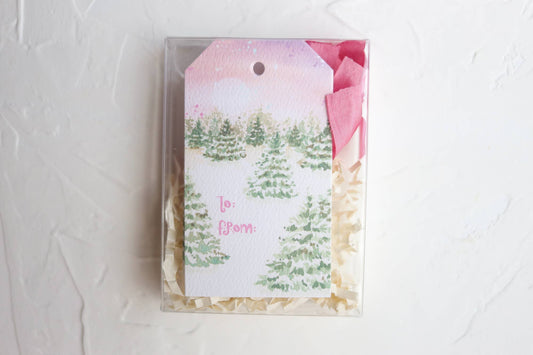 Holiday tree farm gift tag set with silk ribbon