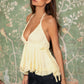 Frayed Hem Deep V-Neck Halter Neck Open Back Top