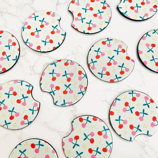 2 Car Coasters, Red and Pink Cherries Pattern