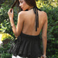 Frayed Hem Deep V-Neck Halter Neck Open Back Top