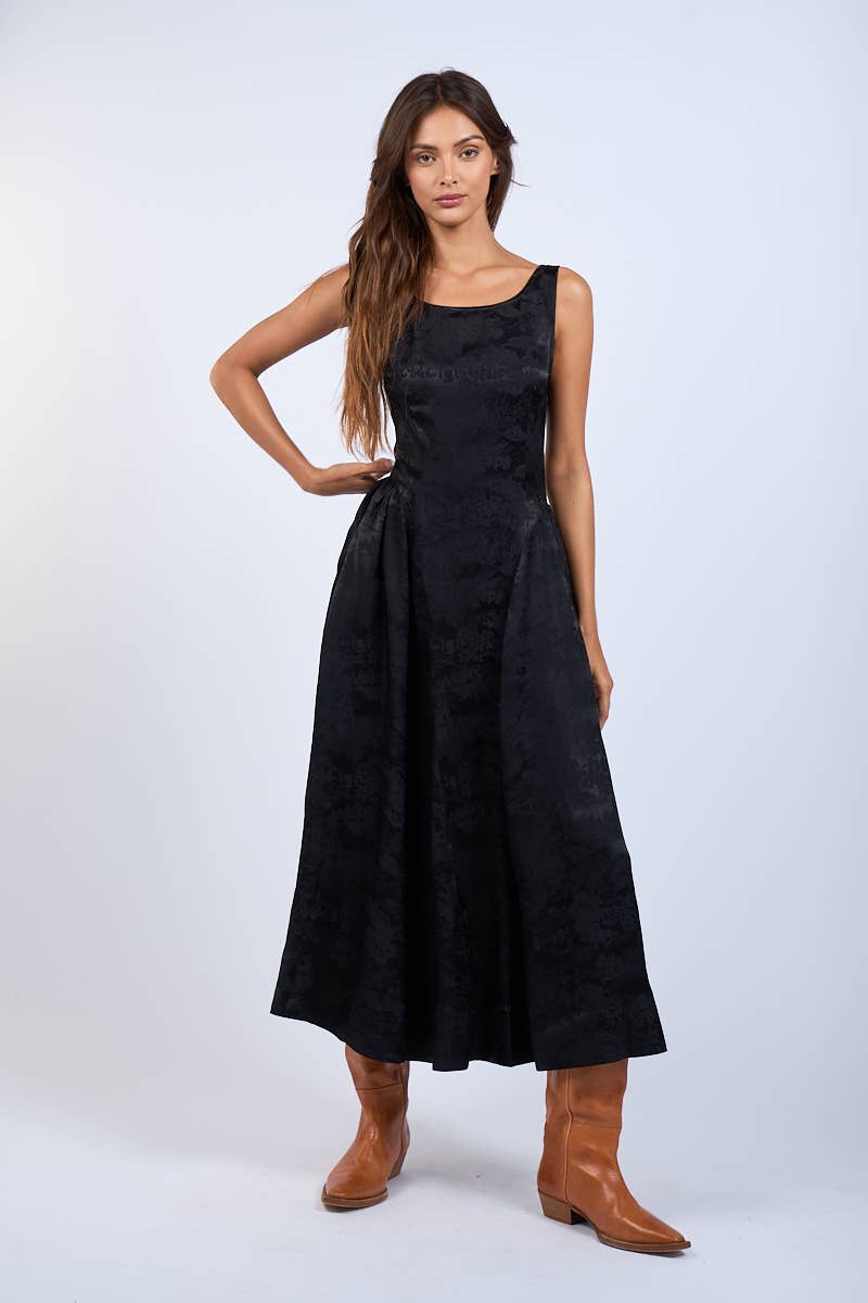 Satin Foral U-Shape Boat Neck Flare Midi Dress