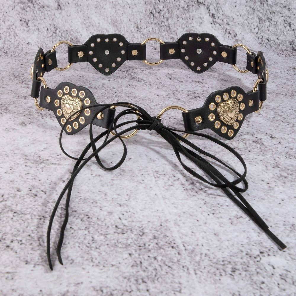 Intricate Heart Faux Leather Panels Chain Belt