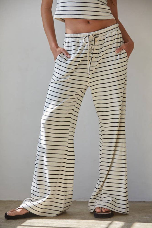 Simple Striped Waist Tie Flare Pants