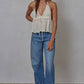 Knit Cotton Eyelet Halter Plunge V-Neck Top