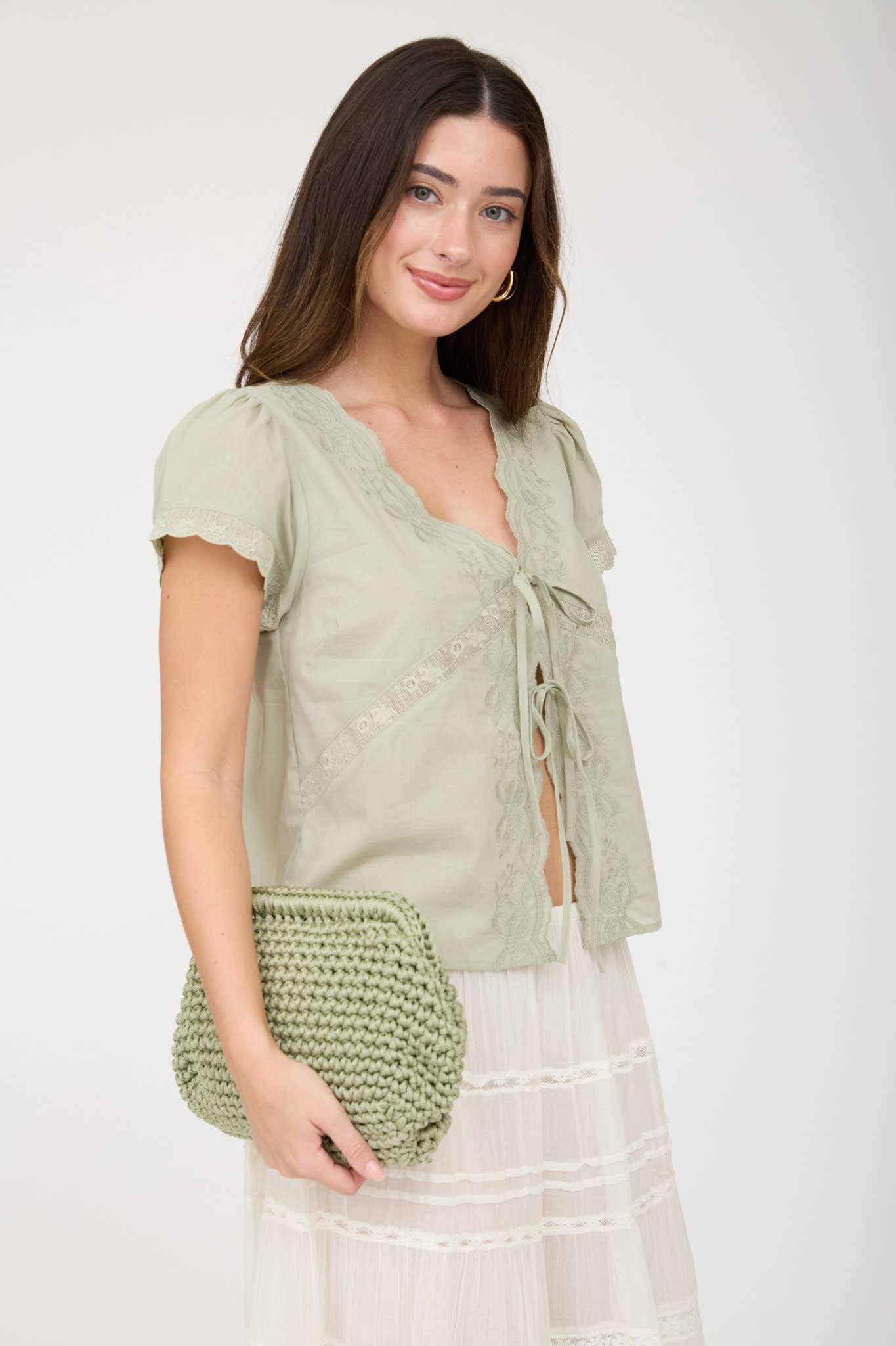 SCALLOPED EMBROIDERED FRONT TIE LACE TOP