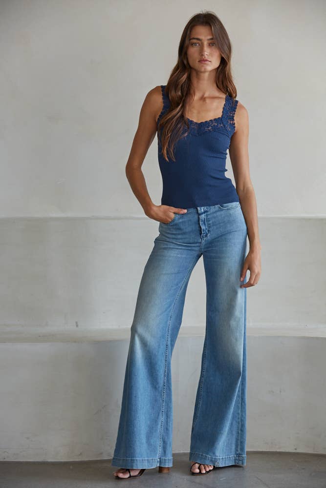 Knit Seamless Ribbed Tank Top with Lace Trim