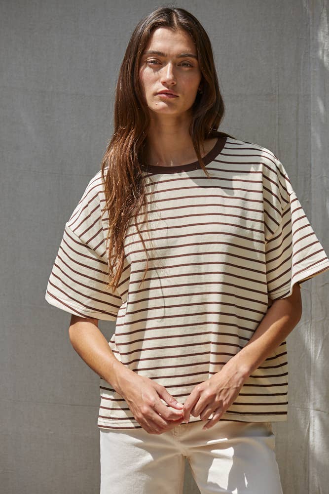 Cotton Striped Short Sleeve Crew Neck Top