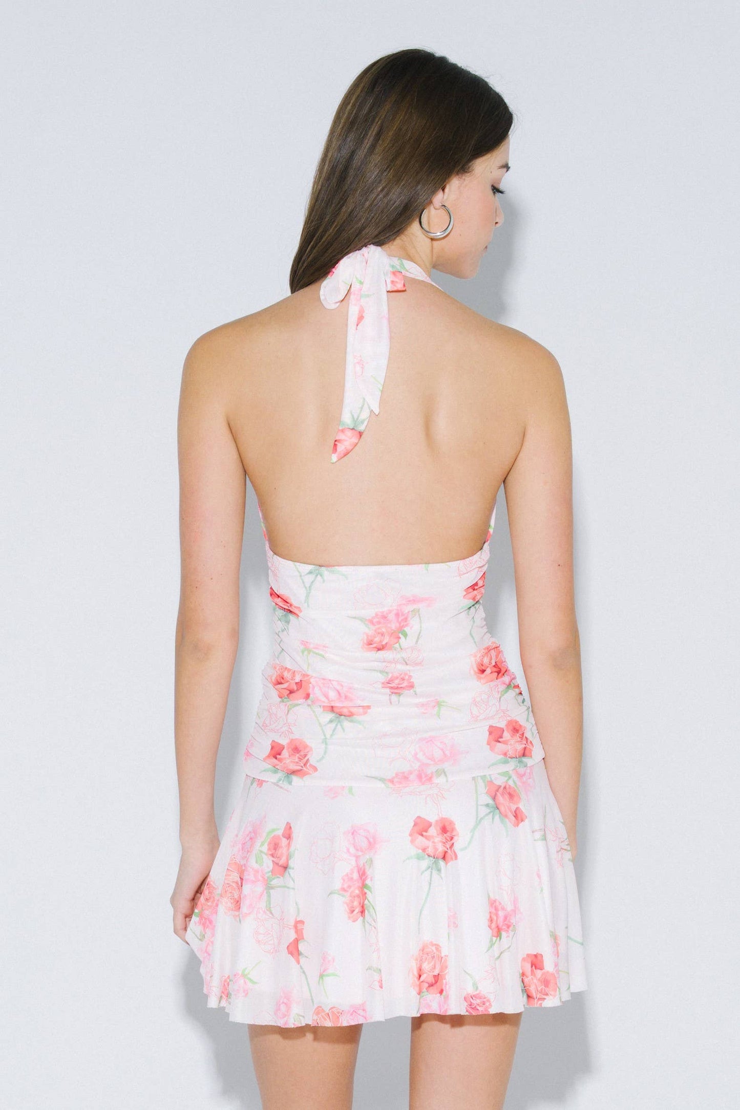 Floral Print Ruched Drop Waist Halter Mini Dress