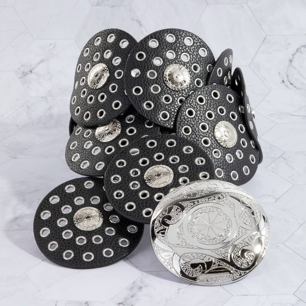Faux Leather Grommet Disc Chain Belt