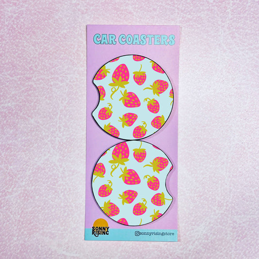 2 Car Coasters, Blue and Pink Summer Strawberries Pattern