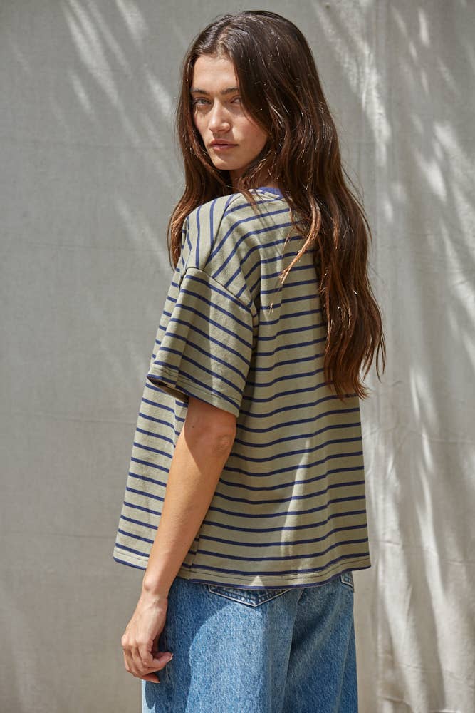 Cotton Striped Short Sleeve Crew Neck Top