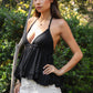 Frayed Hem Deep V-Neck Halter Neck Open Back Top