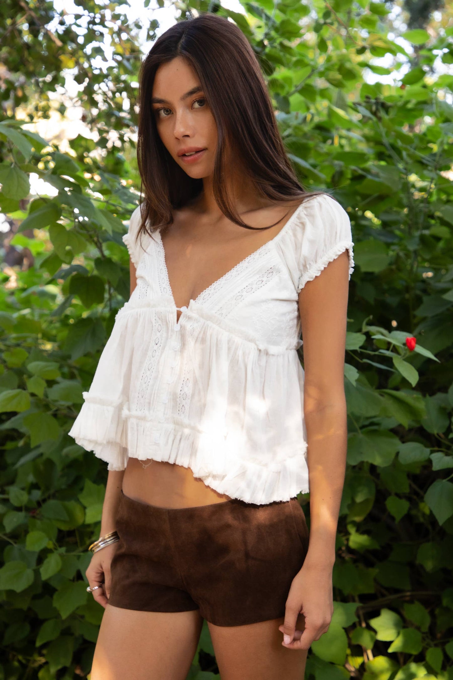 V-Neck Boho Lace Trim Puff Sleeves Babydoll Top