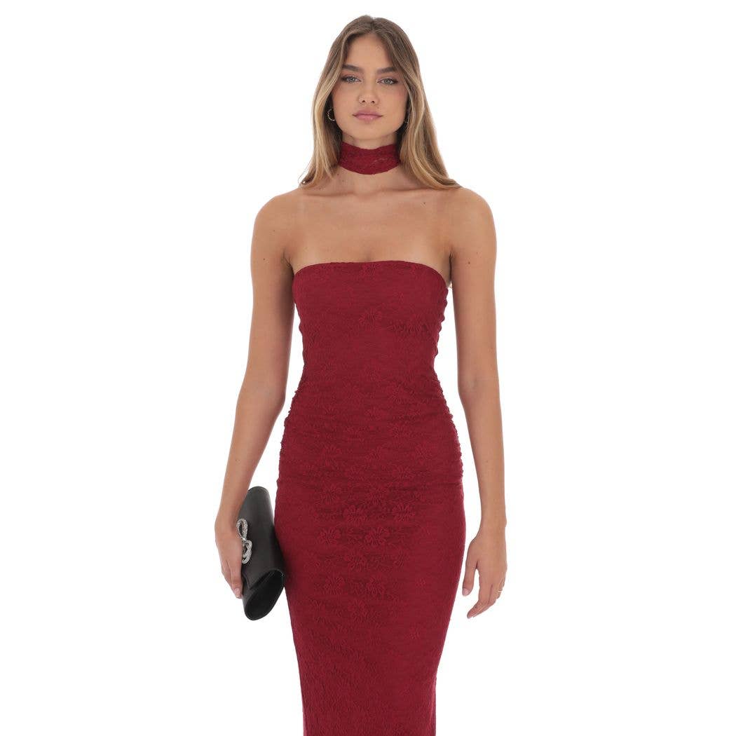 Scarf Lace Maxi Dress in Maroon
