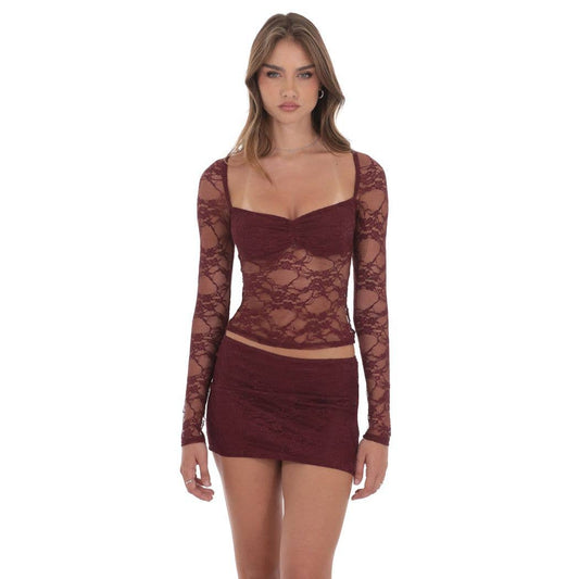 Sheer Lace Top in Burgundy