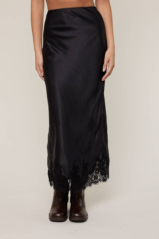 Satin Mono Tone Elastic Waist Lace Midi Skirt