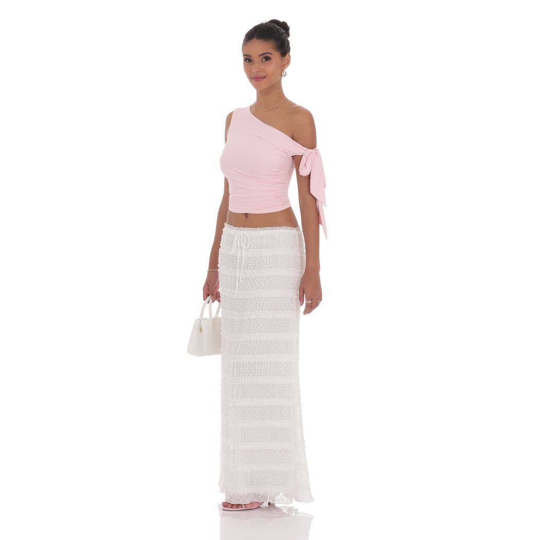 Ruched Dotted Maxi Skirt in White