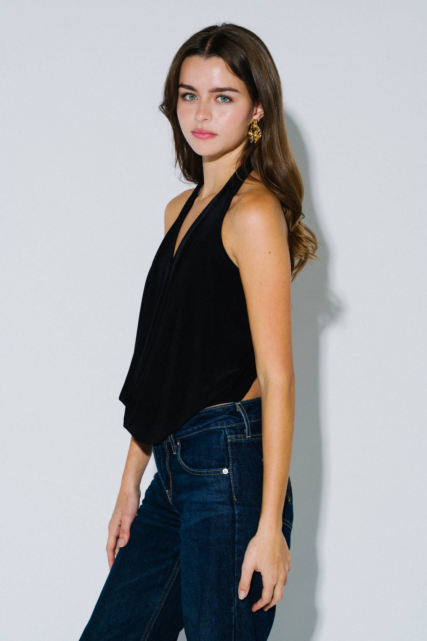 Cowl Neck Plunging Back Tie Top