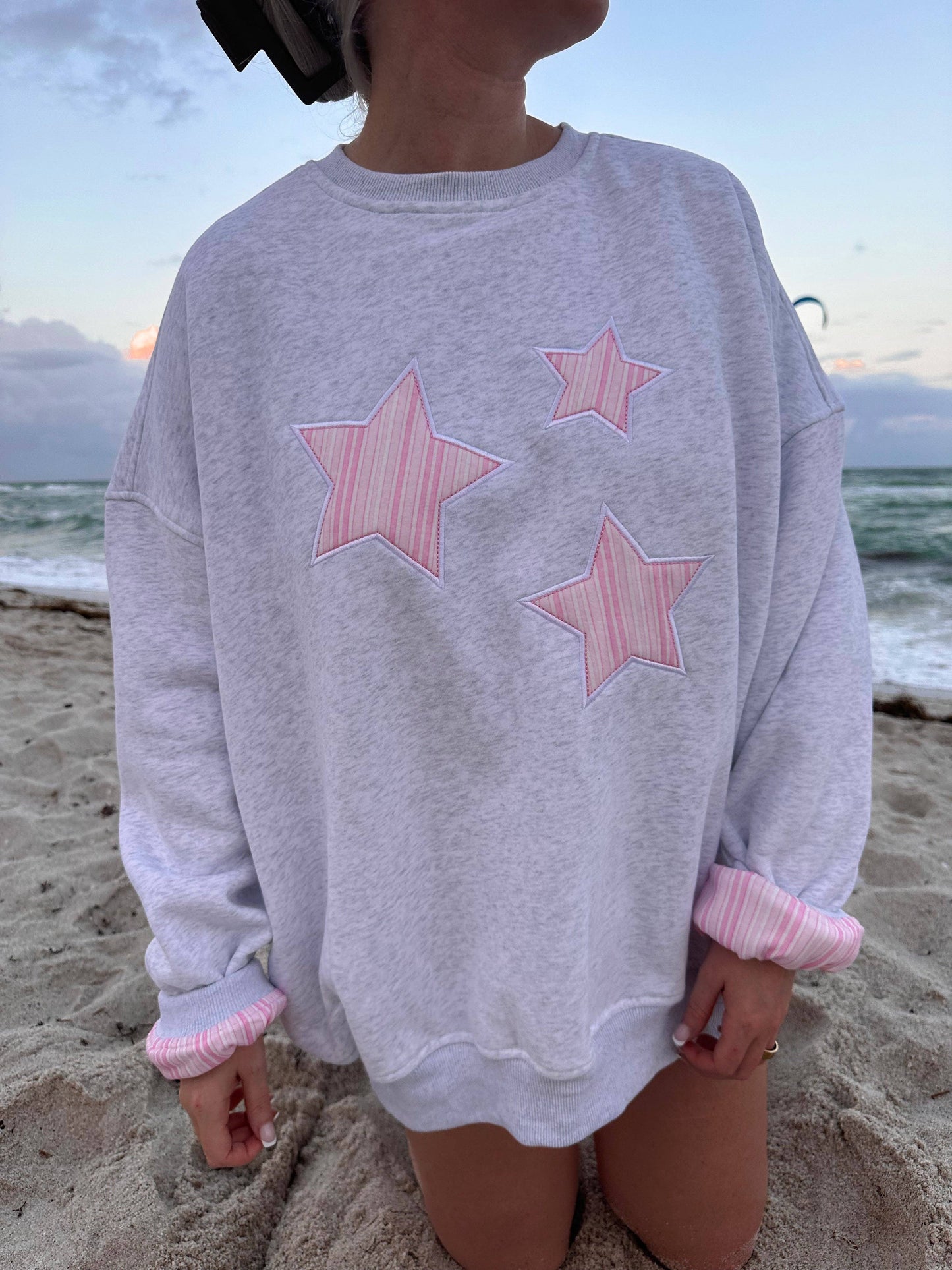 Sunkissed Pink Star Lux Striped Crewneck