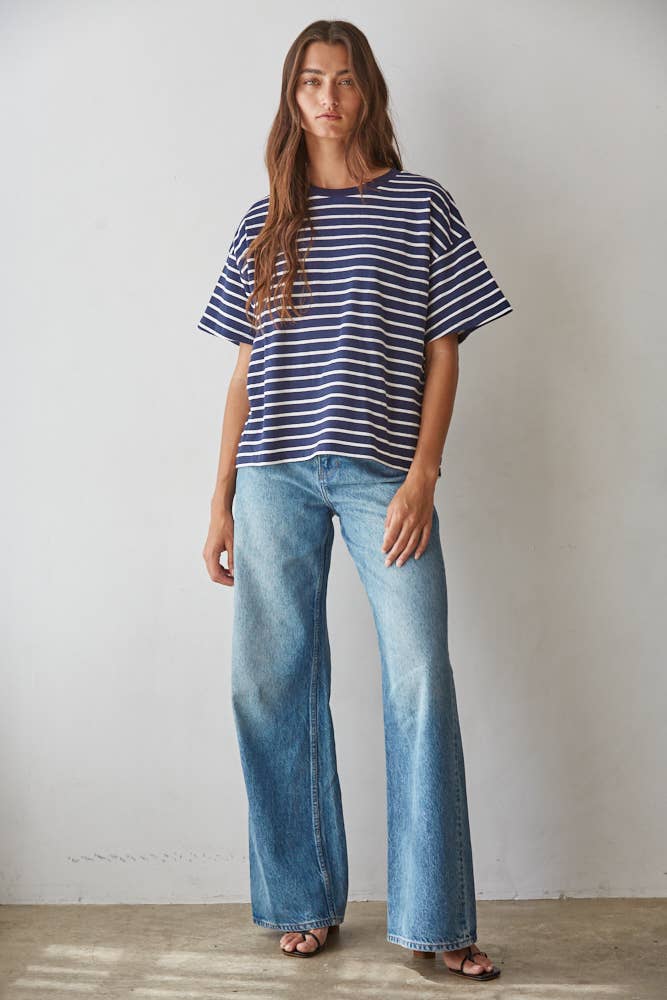 Cotton Striped Short Sleeve Crew Neck Top