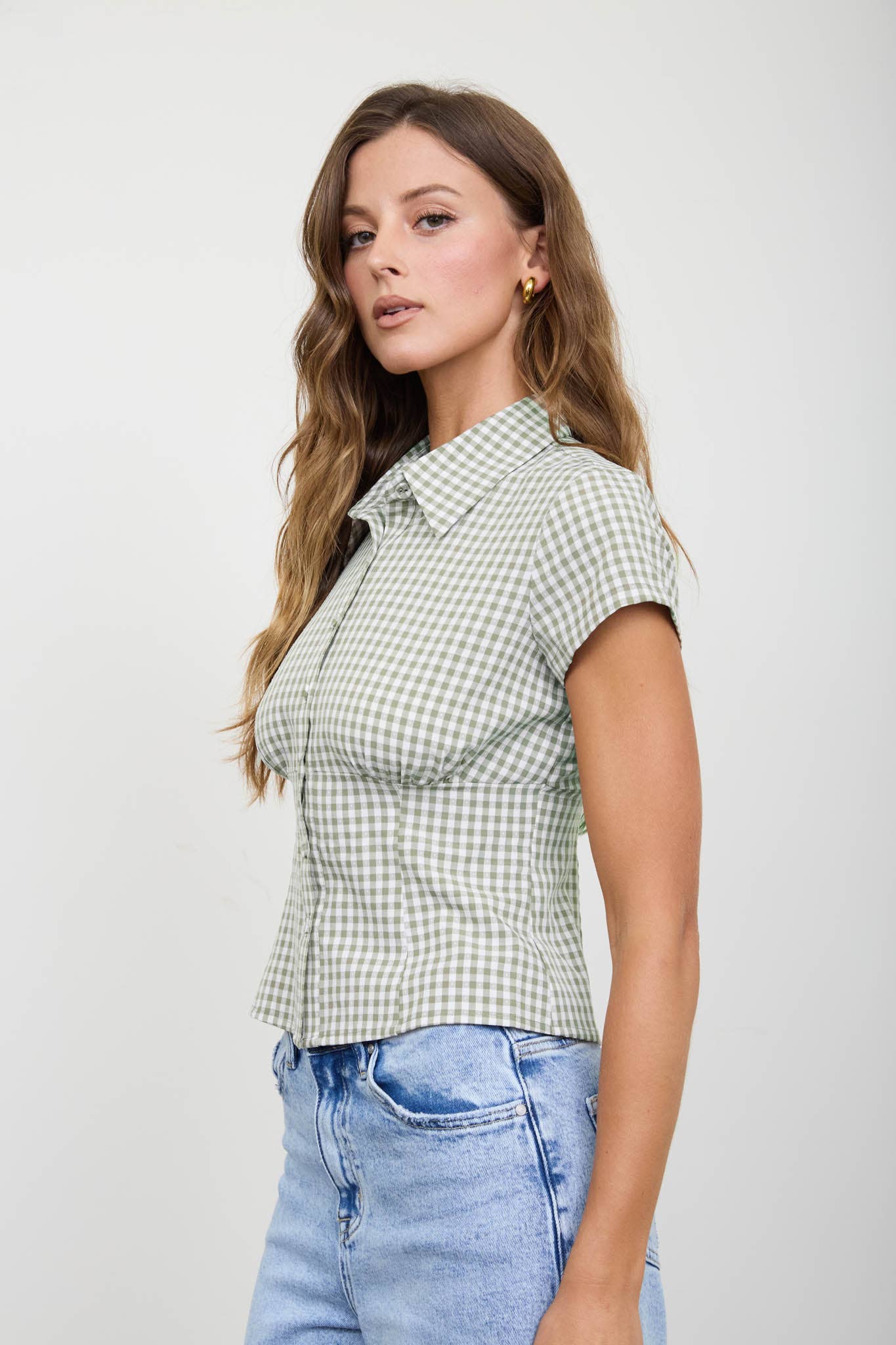 GINGHAM COLLARED SHORT SLEEVE TOP