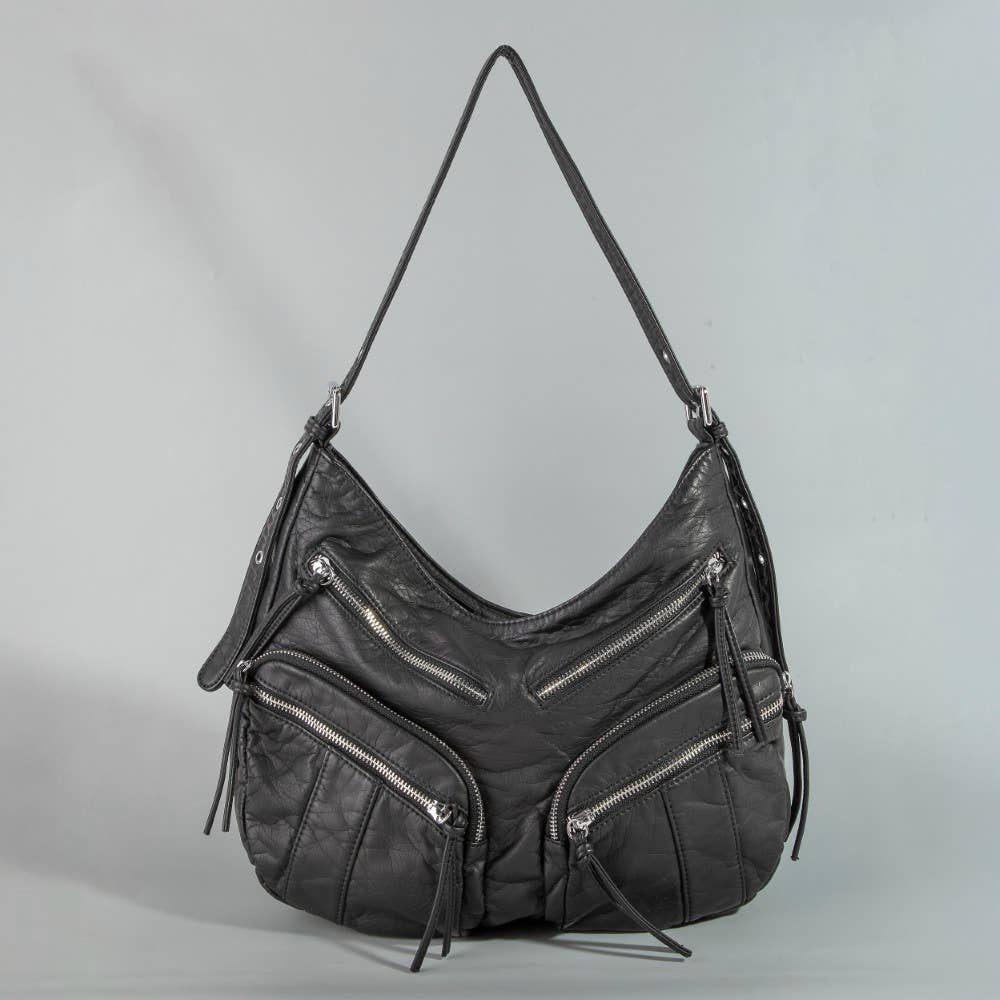 Multi Zipper Pocket Leather Hobo Bag