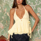 Frayed Hem Deep V-Neck Halter Neck Open Back Top