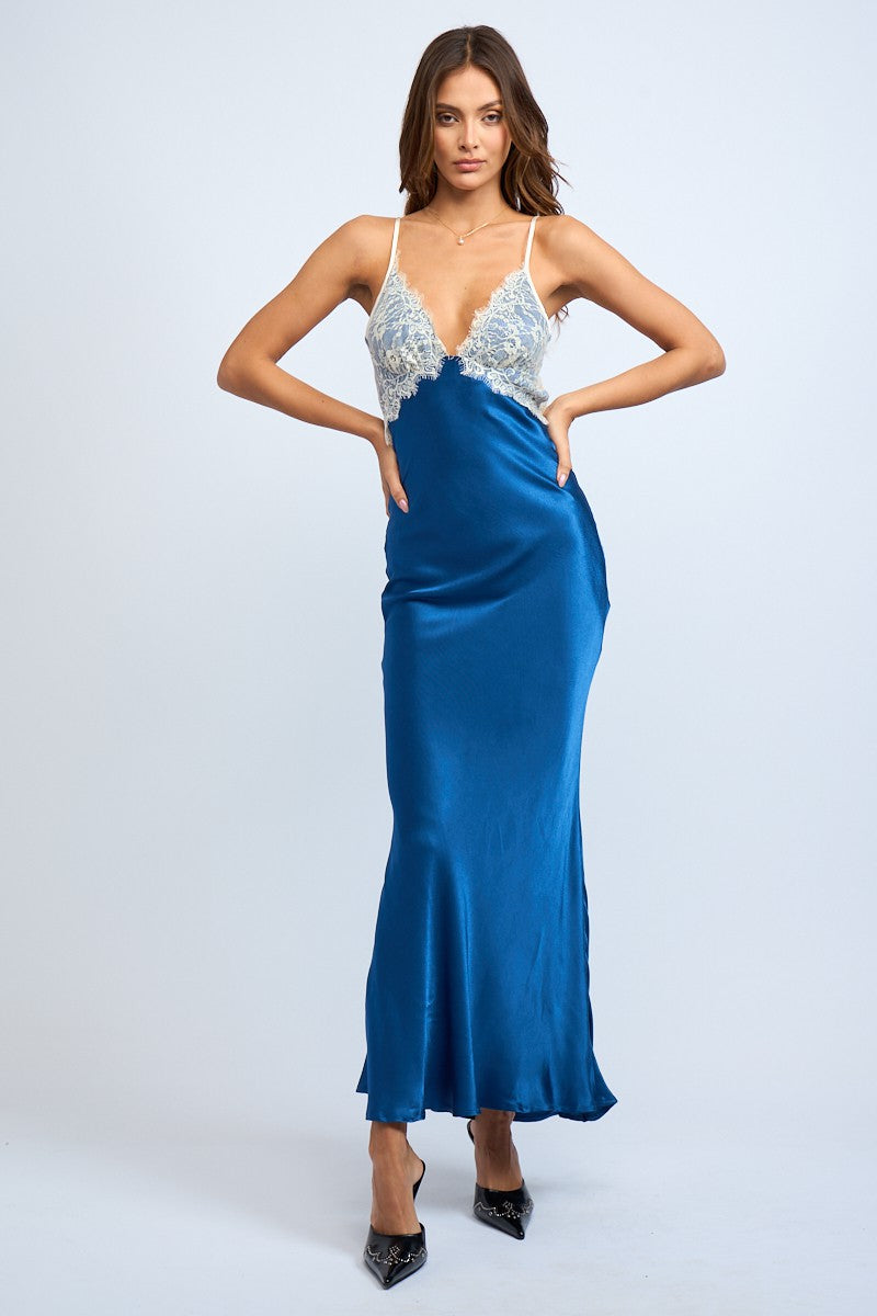 Blue Satin Maxi Dress