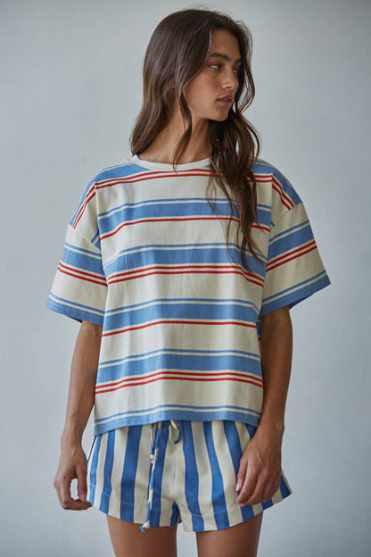 Cotton Multi Striped Short Sleeve Top