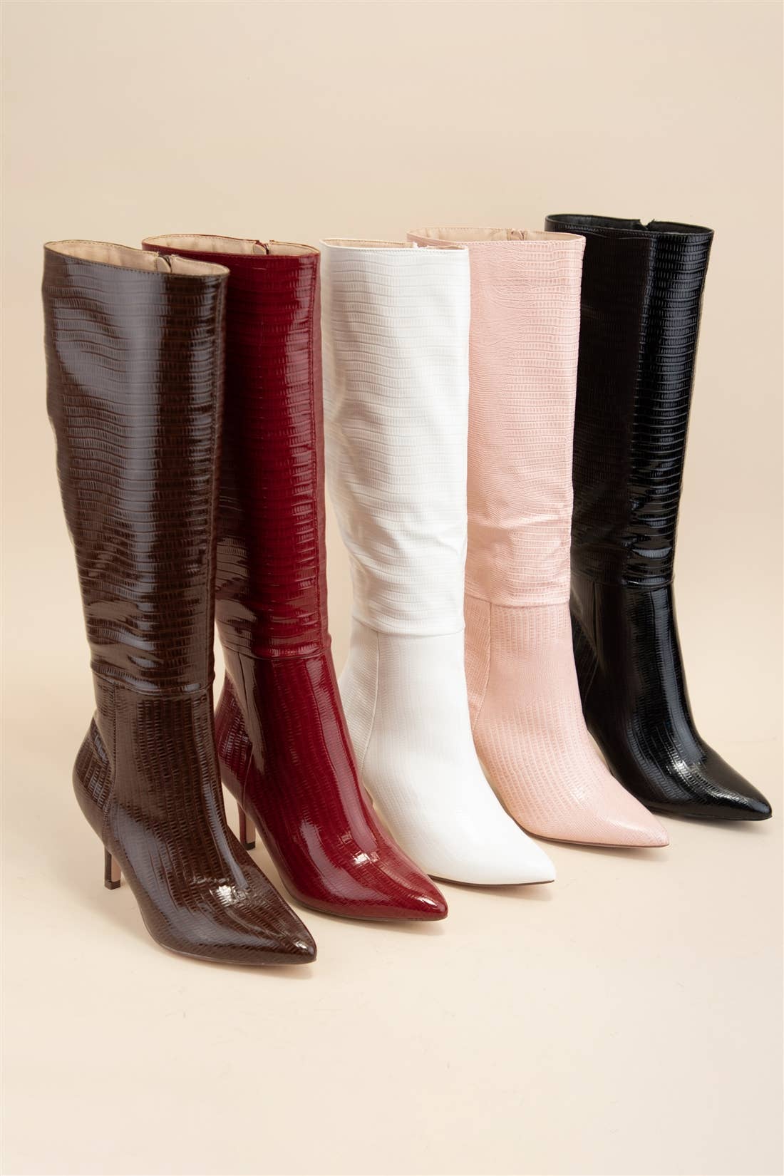 Croc Pattern Patent Finished Pointed Heel Boot