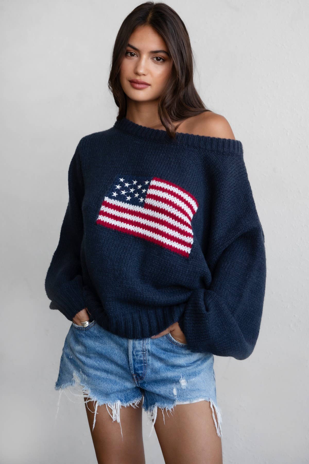 American Flag Knit Off The Shoulder Sweater