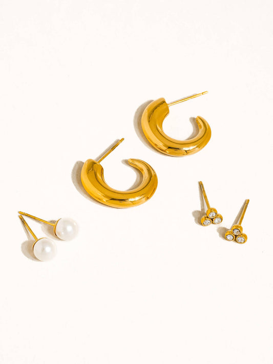 Carine 18K Gold Non-Tarnish Hoops, Pearl, CZ Earring